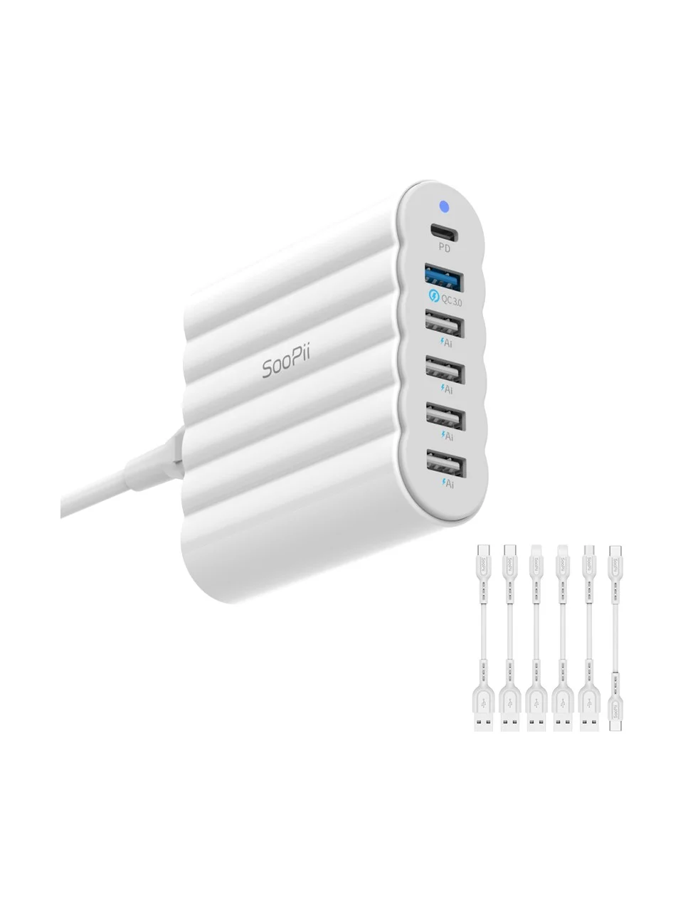 SooPii 68W USB Şarj İstasyonu | 6 Port PD 3.0 & QC 3.0 Hızlı Şarj | Masaüstü Çoklu Cihaz Şarj Standı